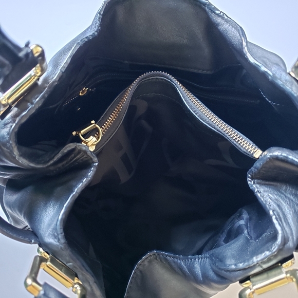 Banana Republic black leather with gold accents tote satchel purse - Picture 9 of 14